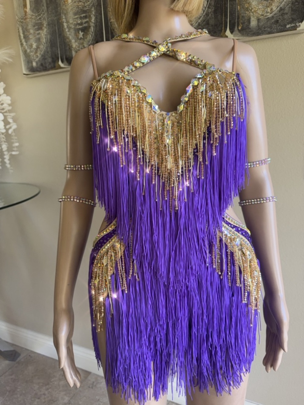 Purple Fringe & Gold Rhinestones Sequin Latin Dance Dress - Picture 3 of 10